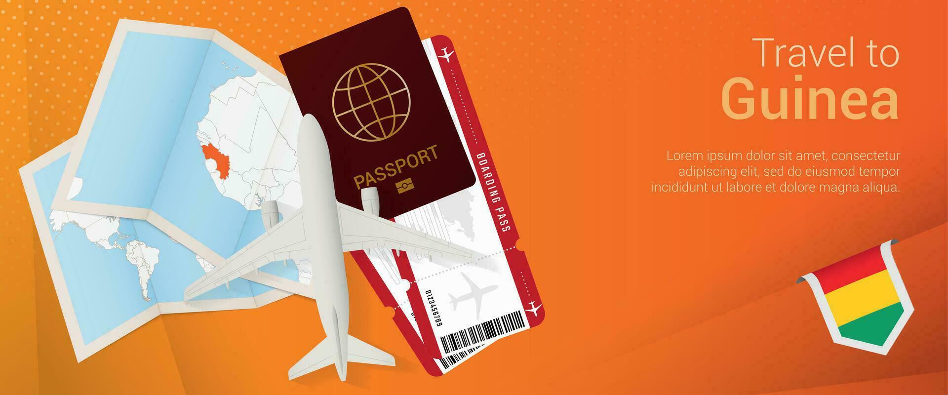 Travel to Guinea pop-under banner. Trip banner with passport, tickets, airplane, boarding pass, map and flag of Guinea. vector