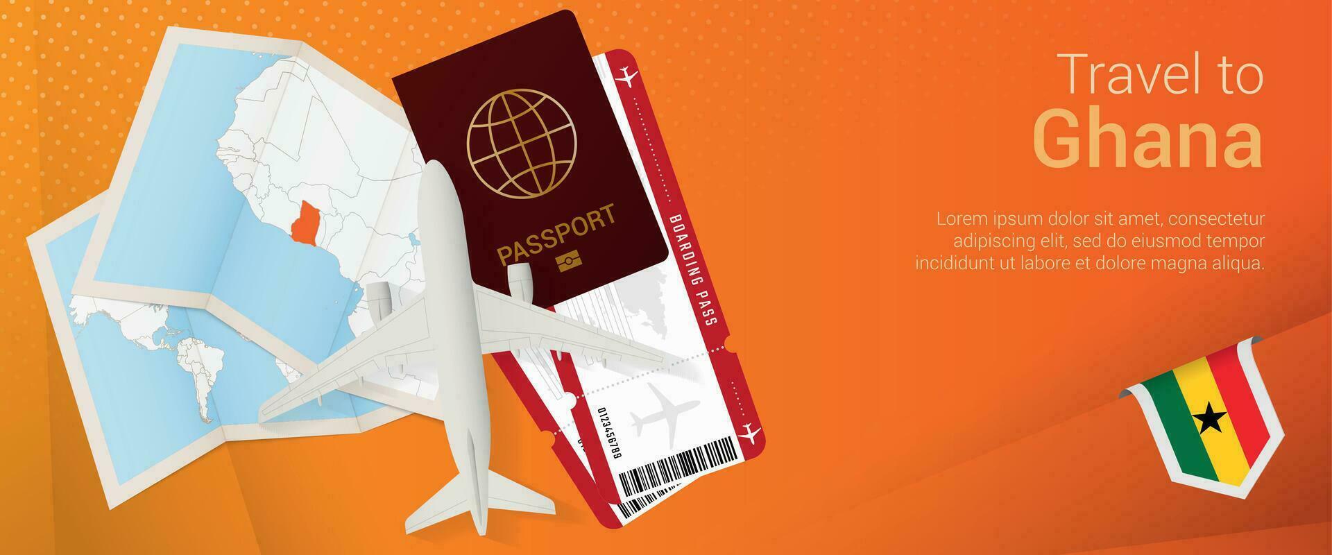 Travel to Ghana pop-under banner. Trip banner with passport, tickets, airplane, boarding pass, map and flag of Ghana. vector