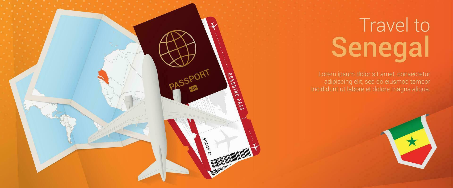 Travel to Senegal pop-under banner. Trip banner with passport, tickets, airplane, boarding pass, map and flag of Senegal. vector