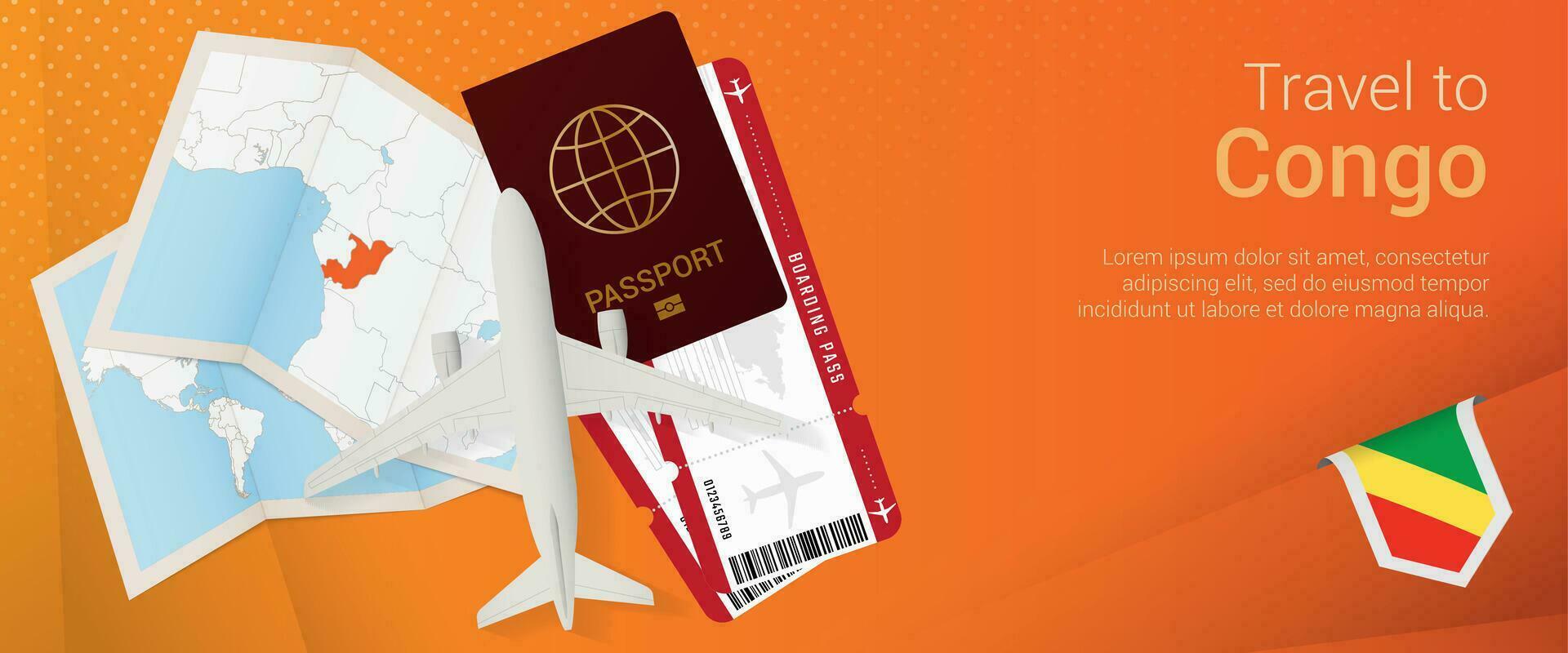 Travel to Congo pop-under banner. Trip banner with passport, tickets, airplane, boarding pass, map and flag of Congo. vector