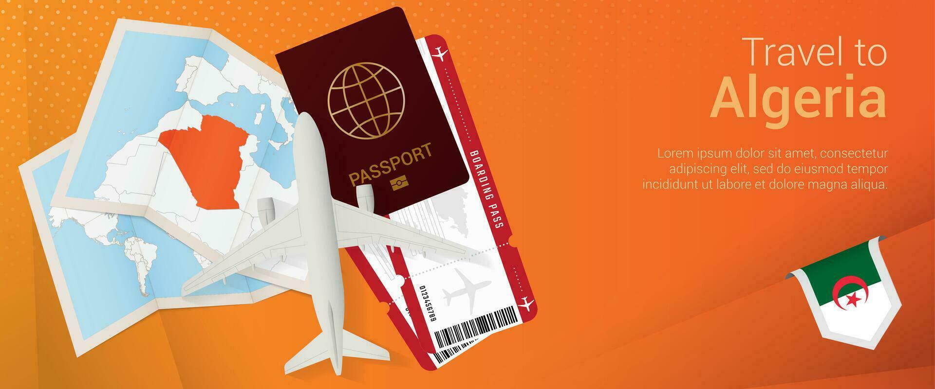 Travel to Algeria pop-under banner. Trip banner with passport, tickets, airplane, boarding pass, map and flag of Algeria. vector