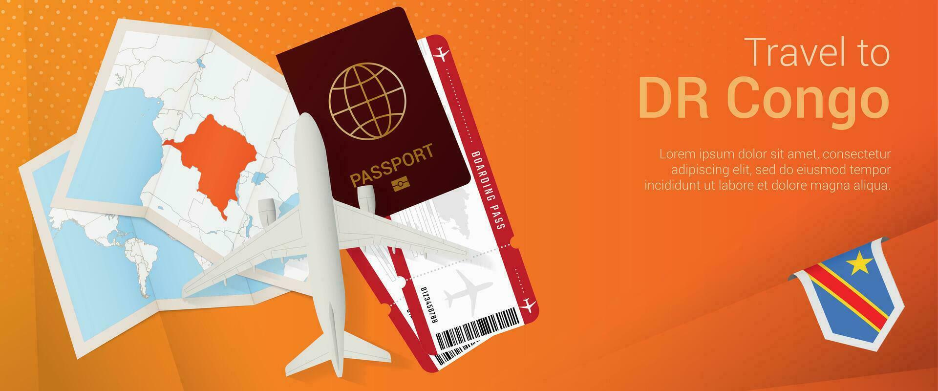Travel to DR Congo pop-under banner. Trip banner with passport, tickets, airplane, boarding pass, map and flag of DR Congo. vector