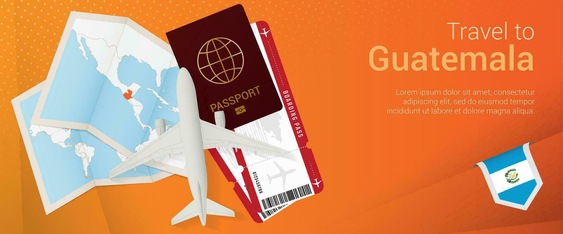 Travel to Guatemala pop-under banner. Trip banner with passport, tickets, airplane, boarding pass, map and flag of Guatemala. vector