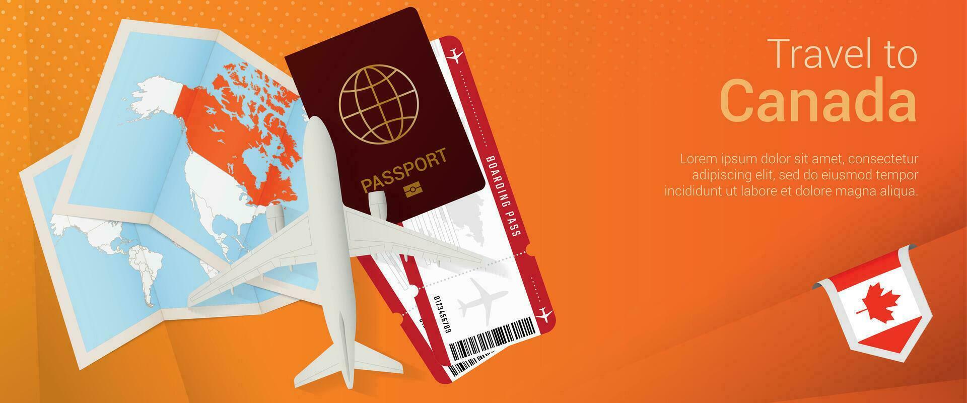 Travel to Canada pop-under banner. Trip banner with passport, tickets, airplane, boarding pass, map and flag of Canada. vector