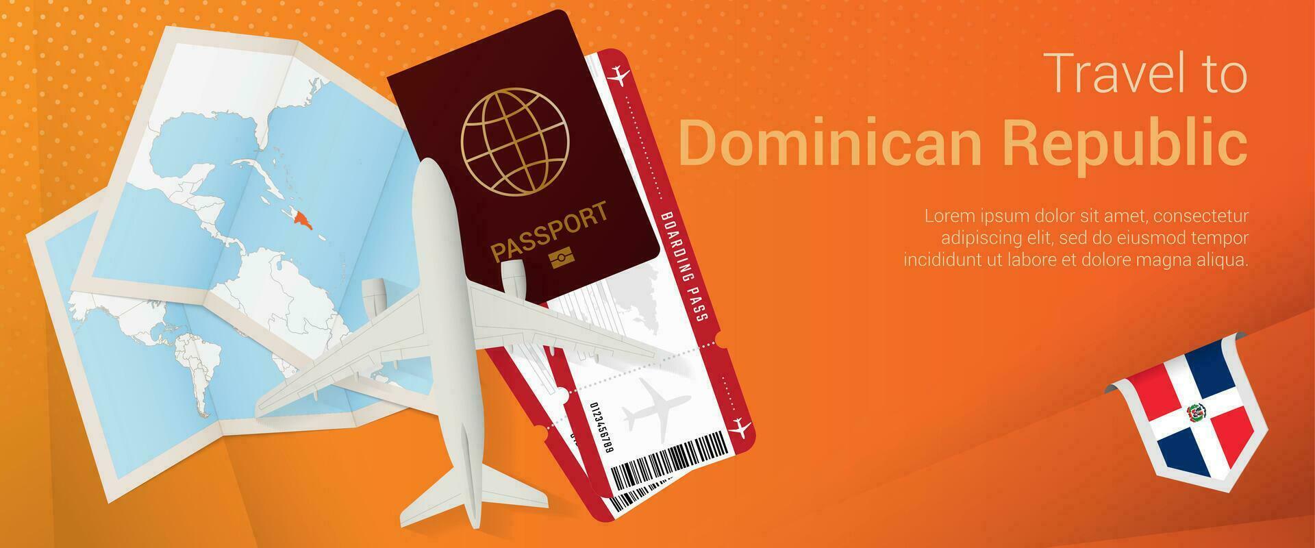 Travel to Dominican Republic pop-under banner. Trip banner with passport, tickets, airplane, boarding pass, map and flag of Dominican Republic. vector