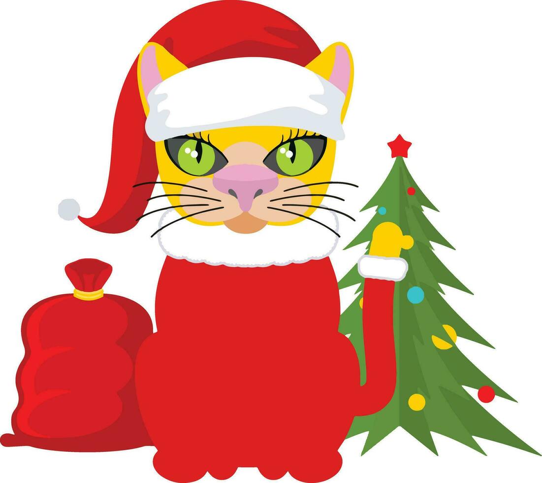 un linda gato vistiendo un Papa Noel sombrero en pie con Navidad árbol y un rojo git bolso muestra un Navidad presente vector
