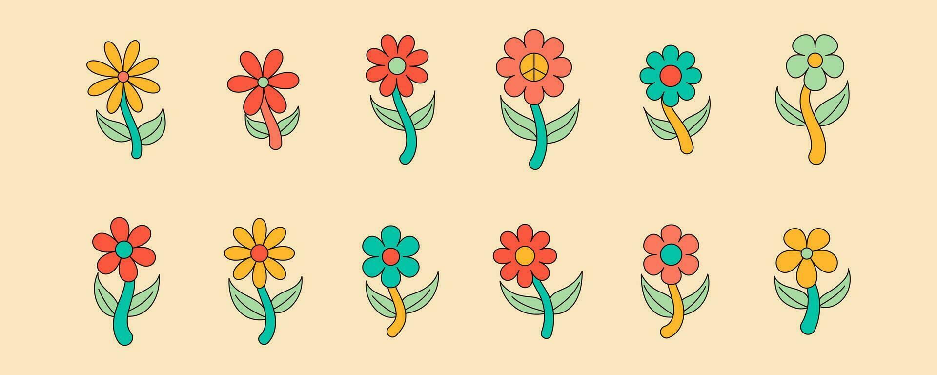 Set of 70s groovy flowers in Hippie 60s style. Vector illustration