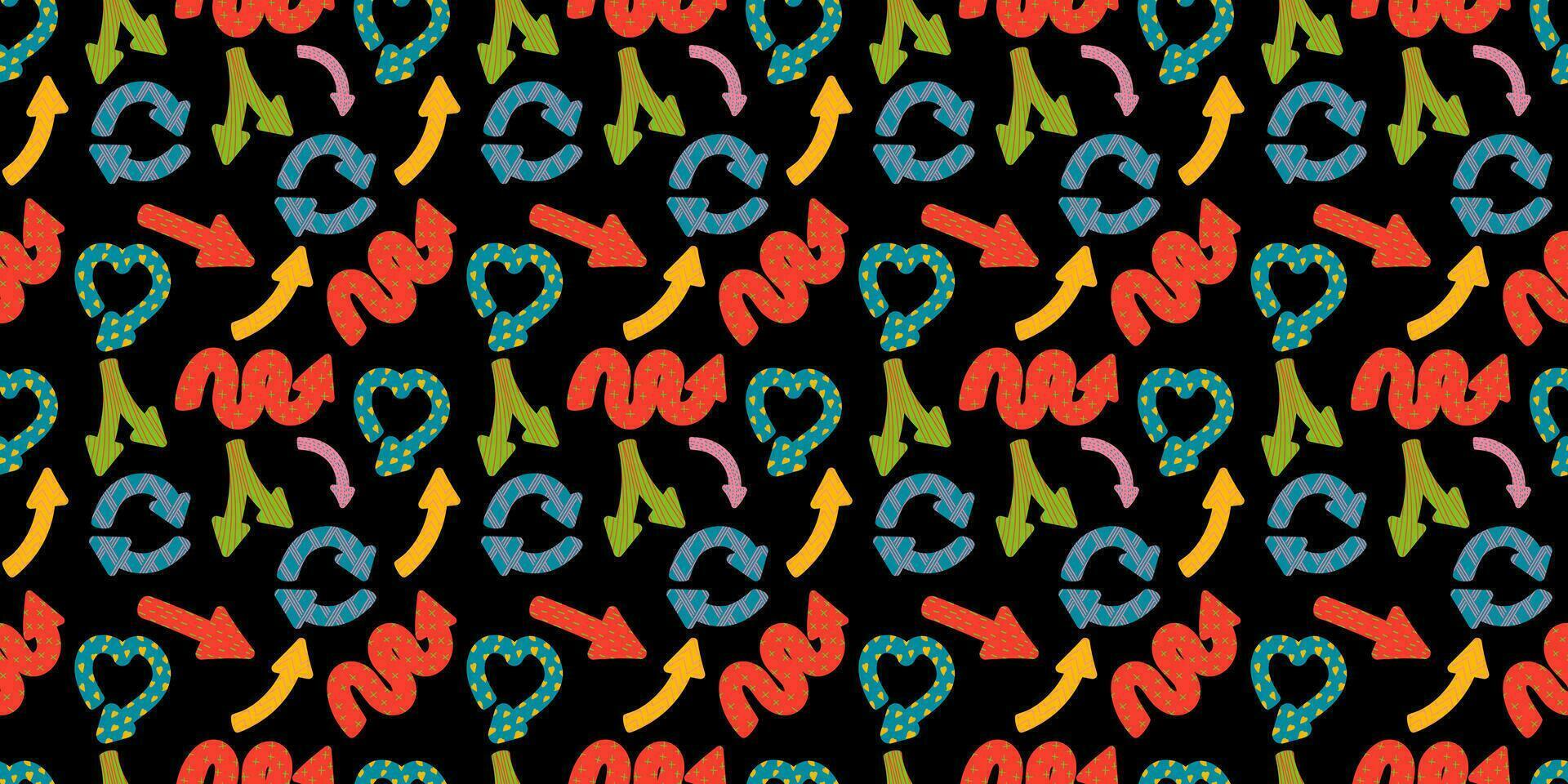 Colorful playful arrows in trendy style with vector texture. Direction indicators seamless pattern.