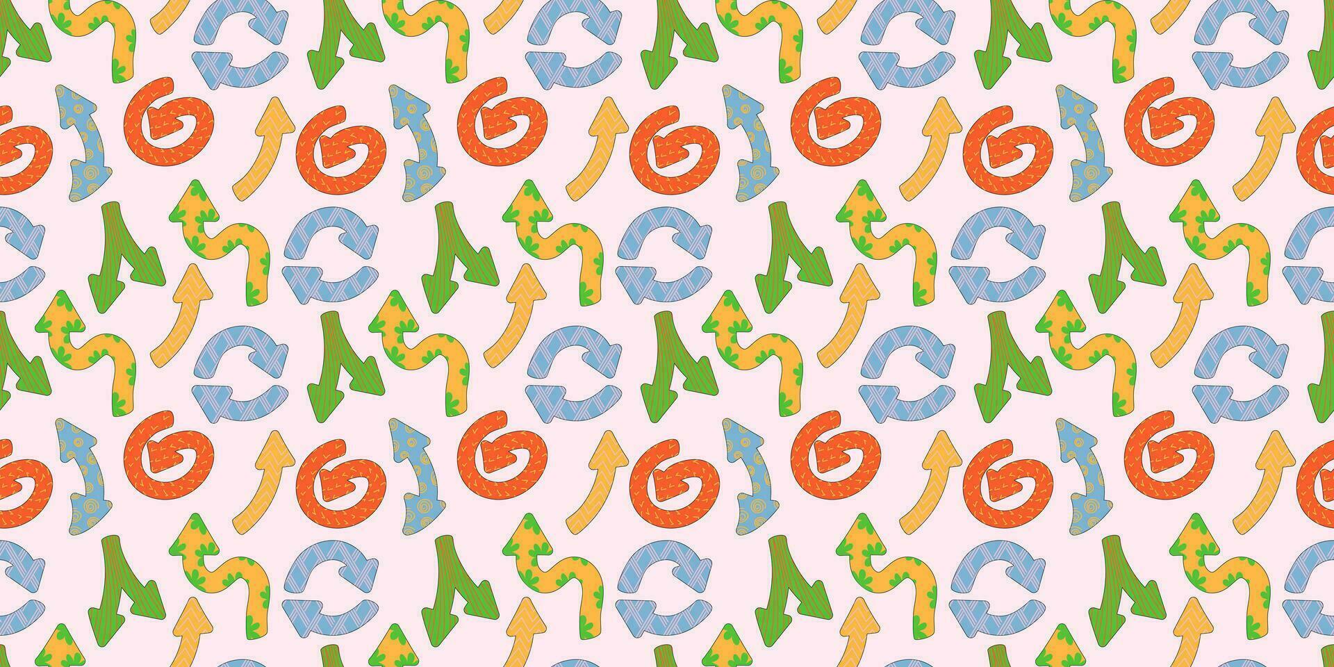 Direction indicators seamless pattern. Naive playful arrow pointers with vector texture in trendy retro style. Y2k aesthetic. Dynamic arrow signs for design