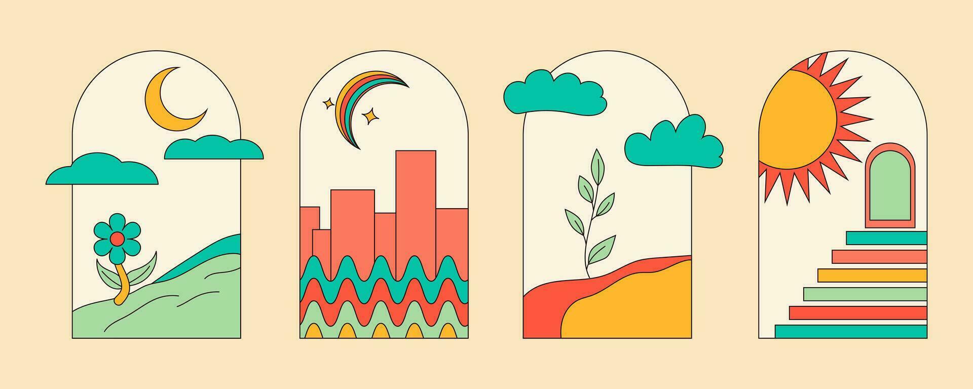 resumen arco marco en 70s retro estilo. dibujos animados hippy pegatinas vector ilustración