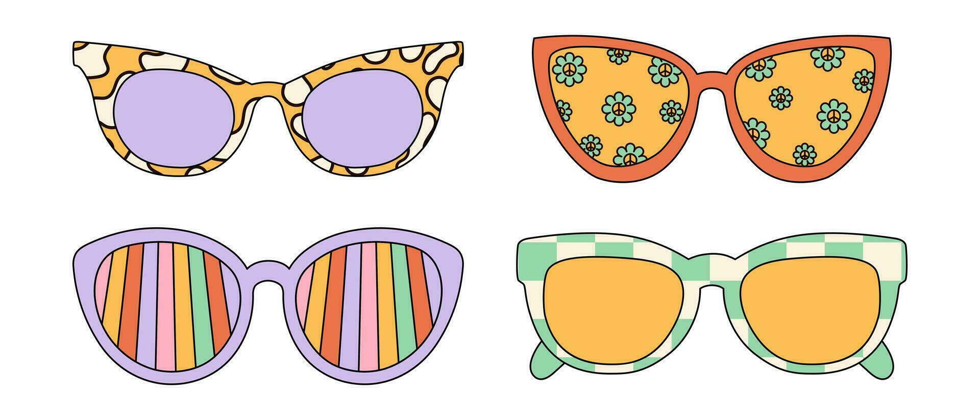 Set of groovy sunglasses with psychedelic prints. Vector graphics isolated on white background.