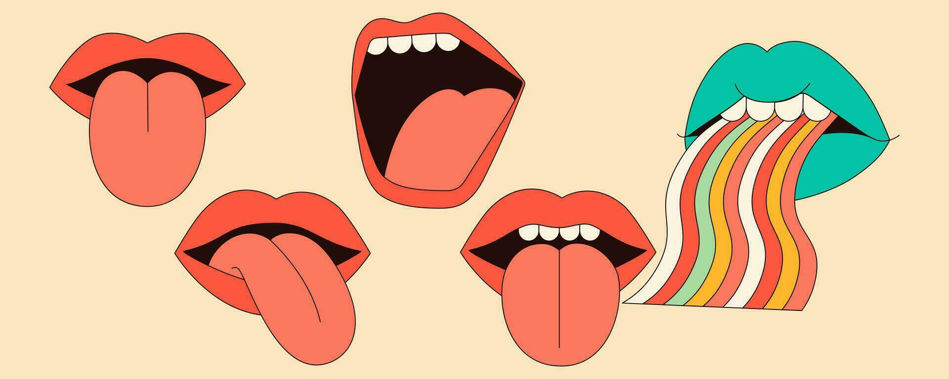 Set of 70s groovy lips in Hippie 60s, 70s style. Vector illustration