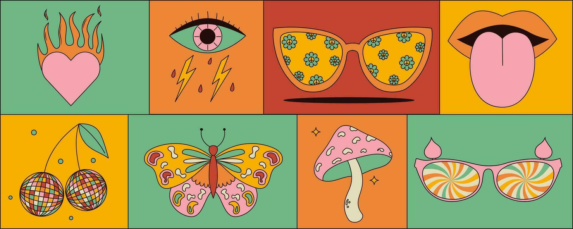 Set of retro groovy stickers with psychedelic mushrooms, cherry, flower, lips, eyes, sunglasses and more. 70s-inspired vector illustrations.