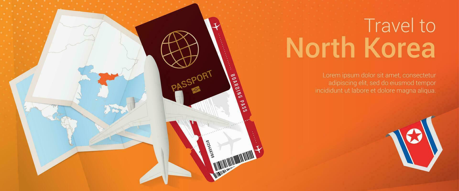 Travel to North Korea pop-under banner. Trip banner with passport, tickets, airplane, boarding pass, map and flag of North Korea. vector