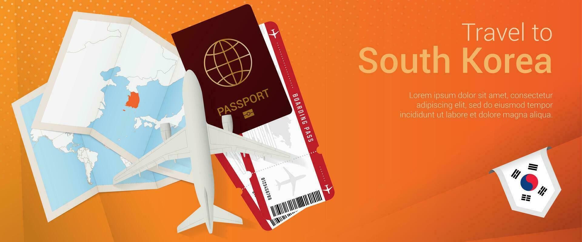 Travel to South Korea pop-under banner. Trip banner with passport, tickets, airplane, boarding pass, map and flag of South Korea. vector