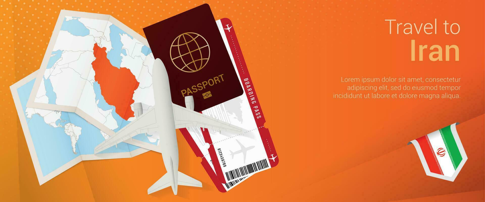 Travel to Iran pop-under banner. Trip banner with passport, tickets, airplane, boarding pass, map and flag of Iran. vector