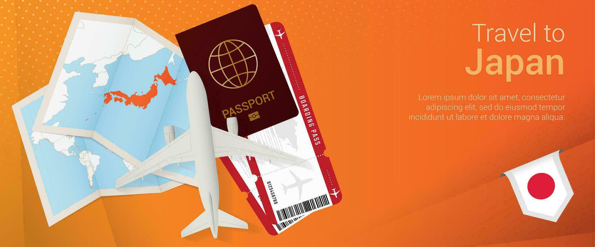 Travel to Japan pop-under banner. Trip banner with passport, tickets, airplane, boarding pass, map and flag of Japan. vector