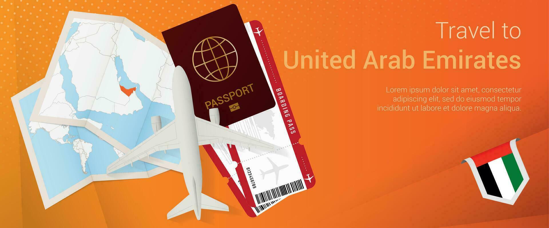 Travel to United Arab Emirates pop-under banner. Trip banner with passport, tickets, airplane, boarding pass, map and flag of United Arab Emirates. vector