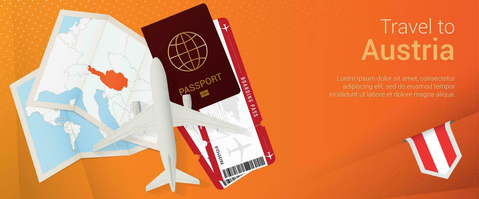 Travel to Austria pop-under banner. Trip banner with passport, tickets, airplane, boarding pass, map and flag of Austria. vector