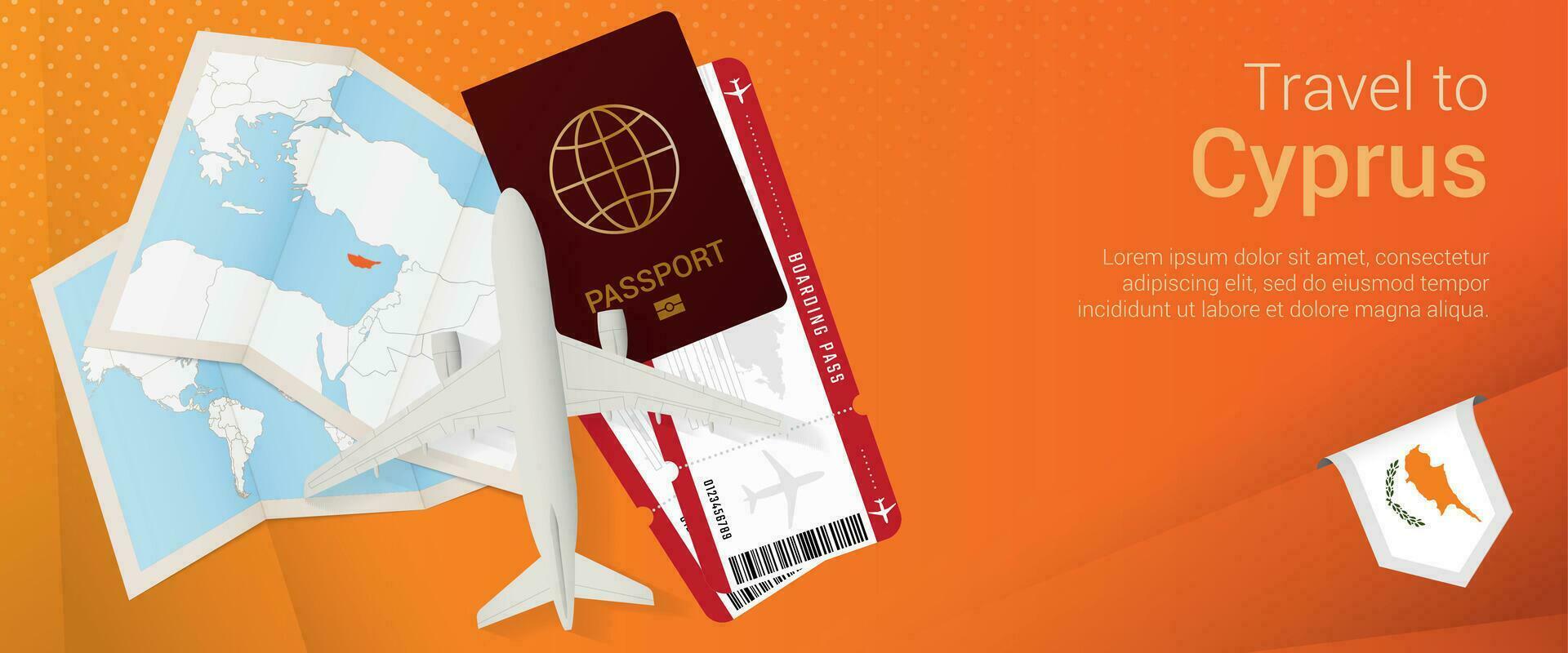 Travel to Cyprus pop-under banner. Trip banner with passport, tickets, airplane, boarding pass, map and flag of Cyprus. vector