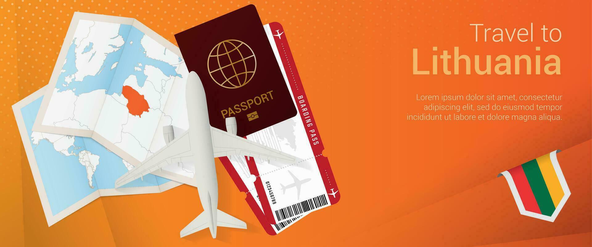 Travel to Lithuania pop-under banner. Trip banner with passport, tickets, airplane, boarding pass, map and flag of Lithuania. vector