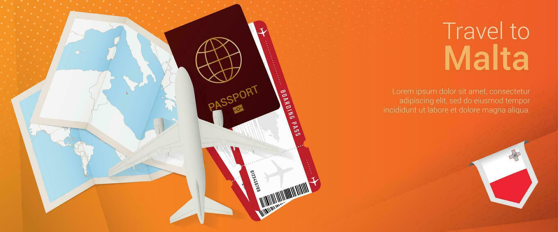 Travel to Malta pop-under banner. Trip banner with passport, tickets, airplane, boarding pass, map and flag of Malta. vector