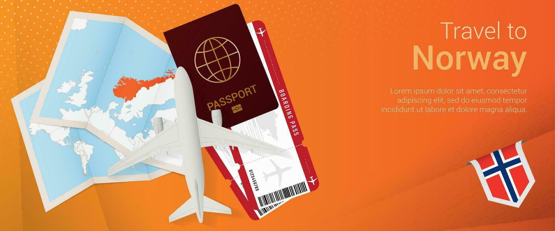 Travel to Norway pop-under banner. Trip banner with passport, tickets, airplane, boarding pass, map and flag of Norway. vector