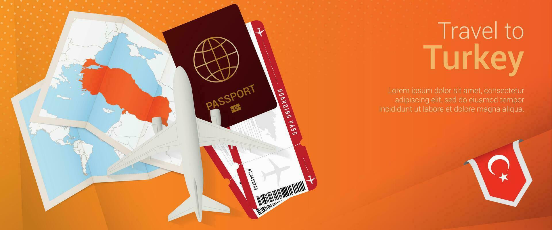 Travel to Turkey pop-under banner. Trip banner with passport, tickets, airplane, boarding pass, map and flag of Turkey. vector