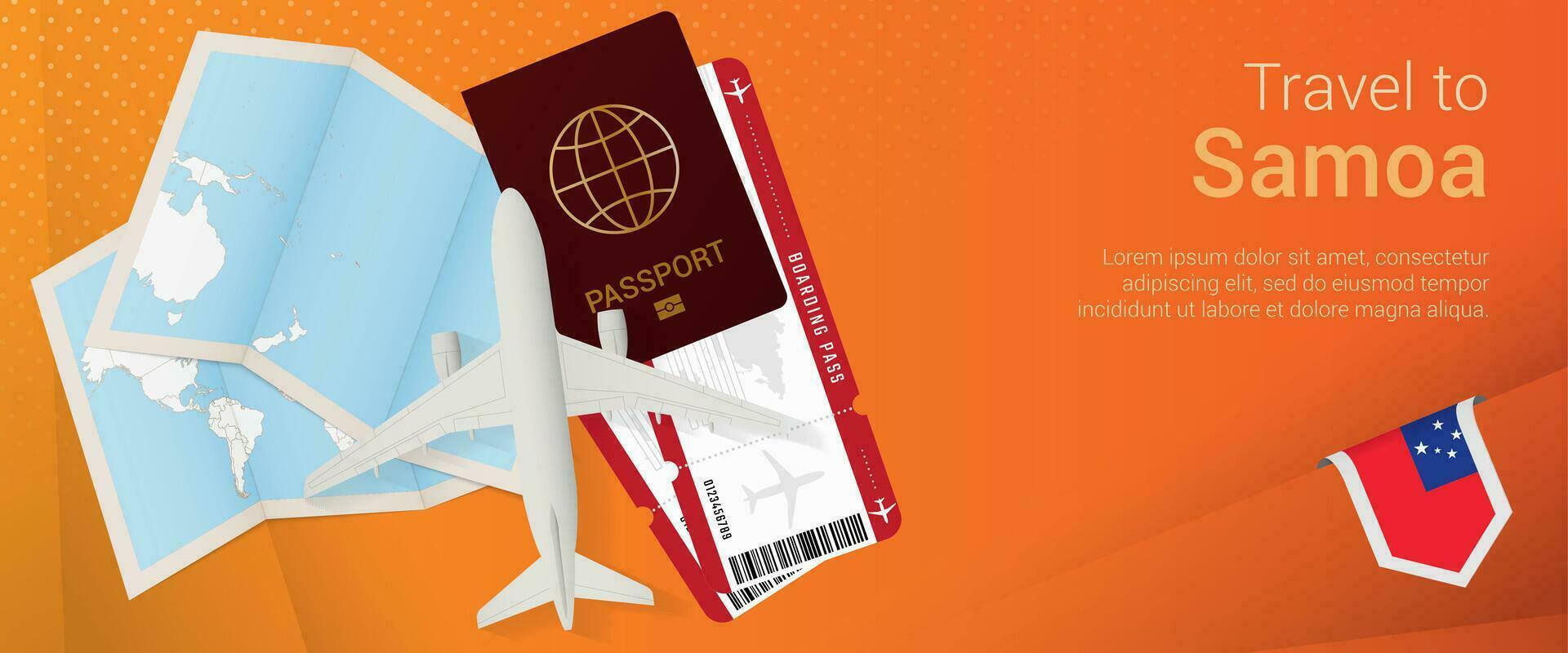 Travel to Samoa pop-under banner. Trip banner with passport, tickets, airplane, boarding pass, map and flag of Samoa. vector