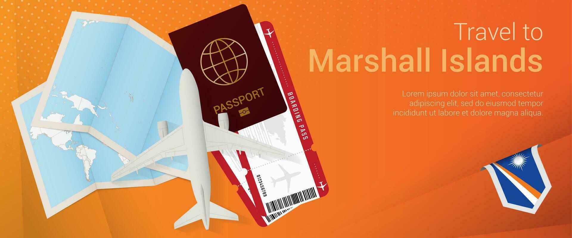 Travel to Marshall Islands pop-under banner. Trip banner with passport, tickets, airplane, boarding pass, map and flag of Marshall Islands. vector