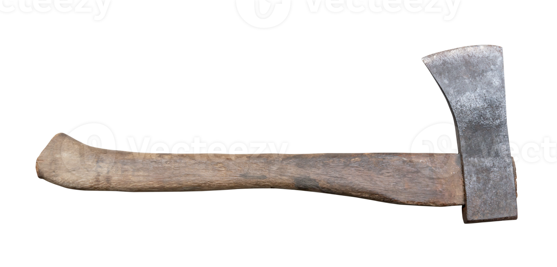 Old rust dirty dark gray axe with brown wooden handle isolated with clipping path in png format