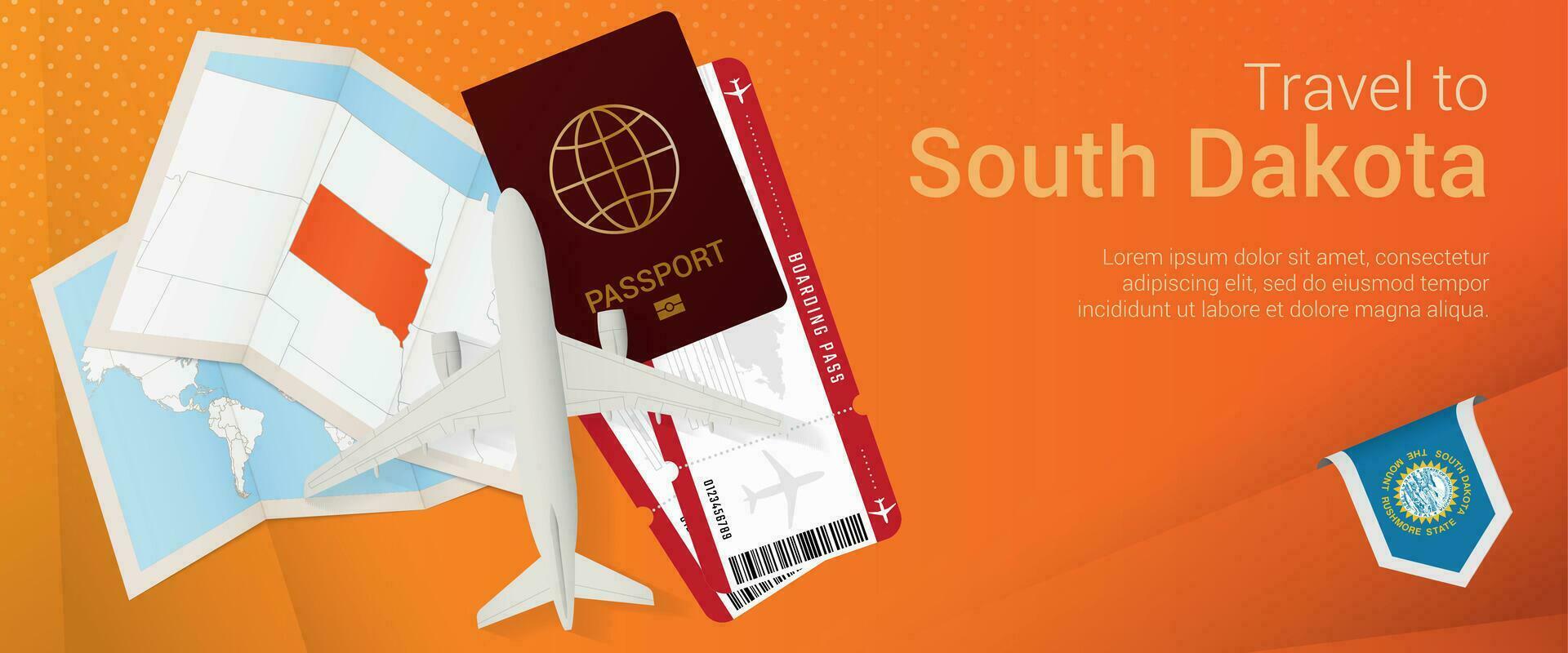 Travel to South Dakota pop-under banner. Trip banner with passport, tickets, airplane, boarding pass, map and flag of South Dakota. vector