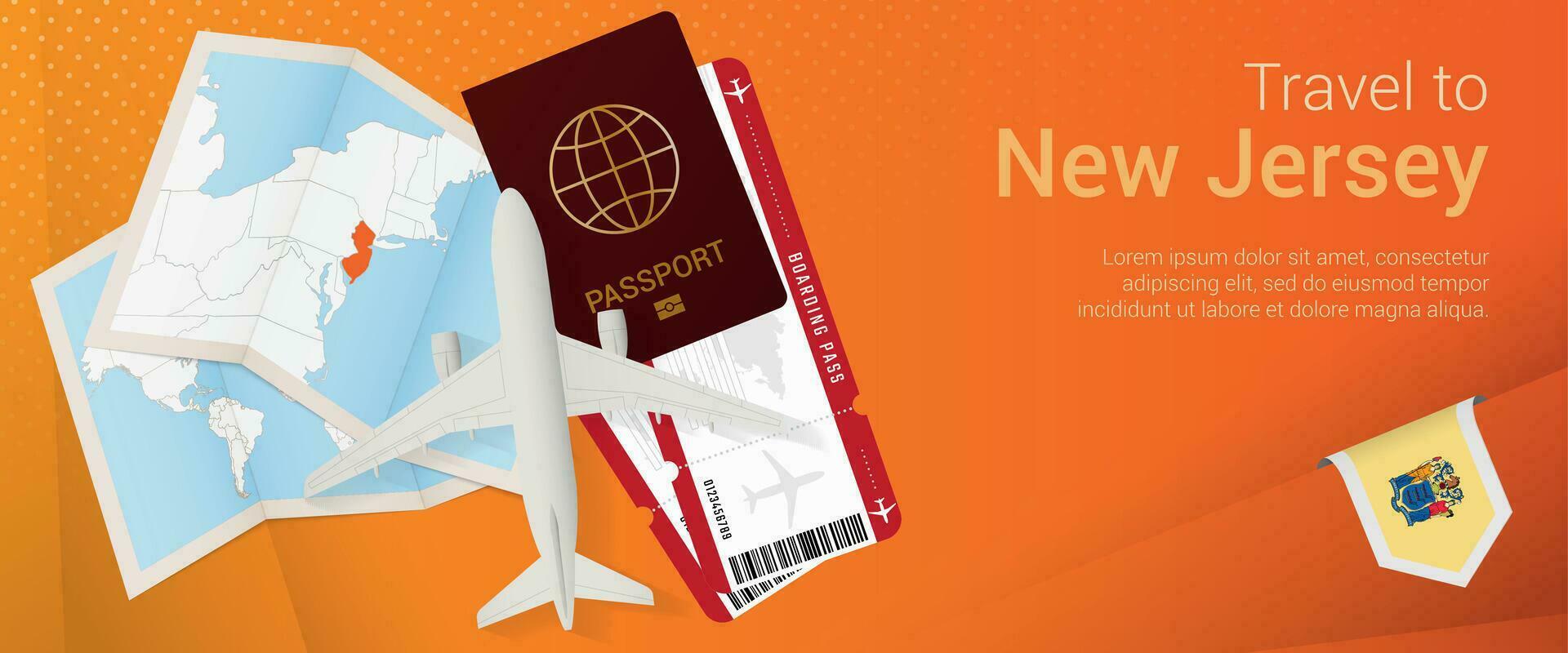 Travel to New Jersey pop-under banner. Trip banner with passport, tickets, airplane, boarding pass, map and flag of New Jersey. vector