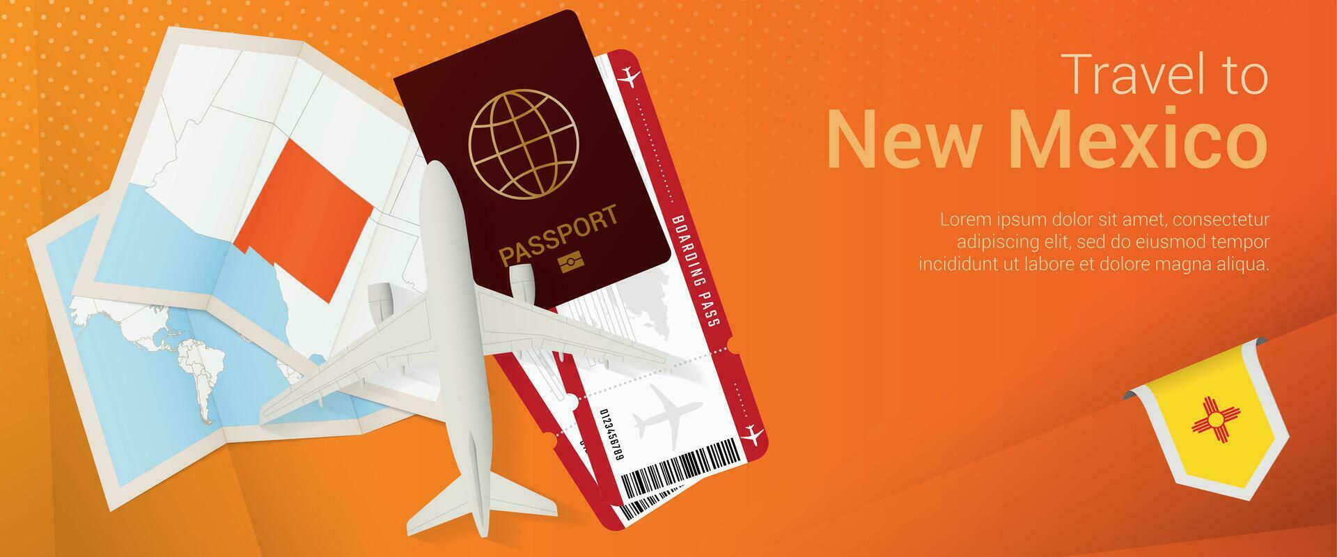 Travel to New Mexico pop-under banner. Trip banner with passport, tickets, airplane, boarding pass, map and flag of New Mexico. vector