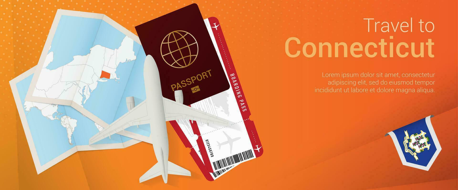 Travel to Connecticut pop-under banner. Trip banner with passport, tickets, airplane, boarding pass, map and flag of Connecticut. vector
