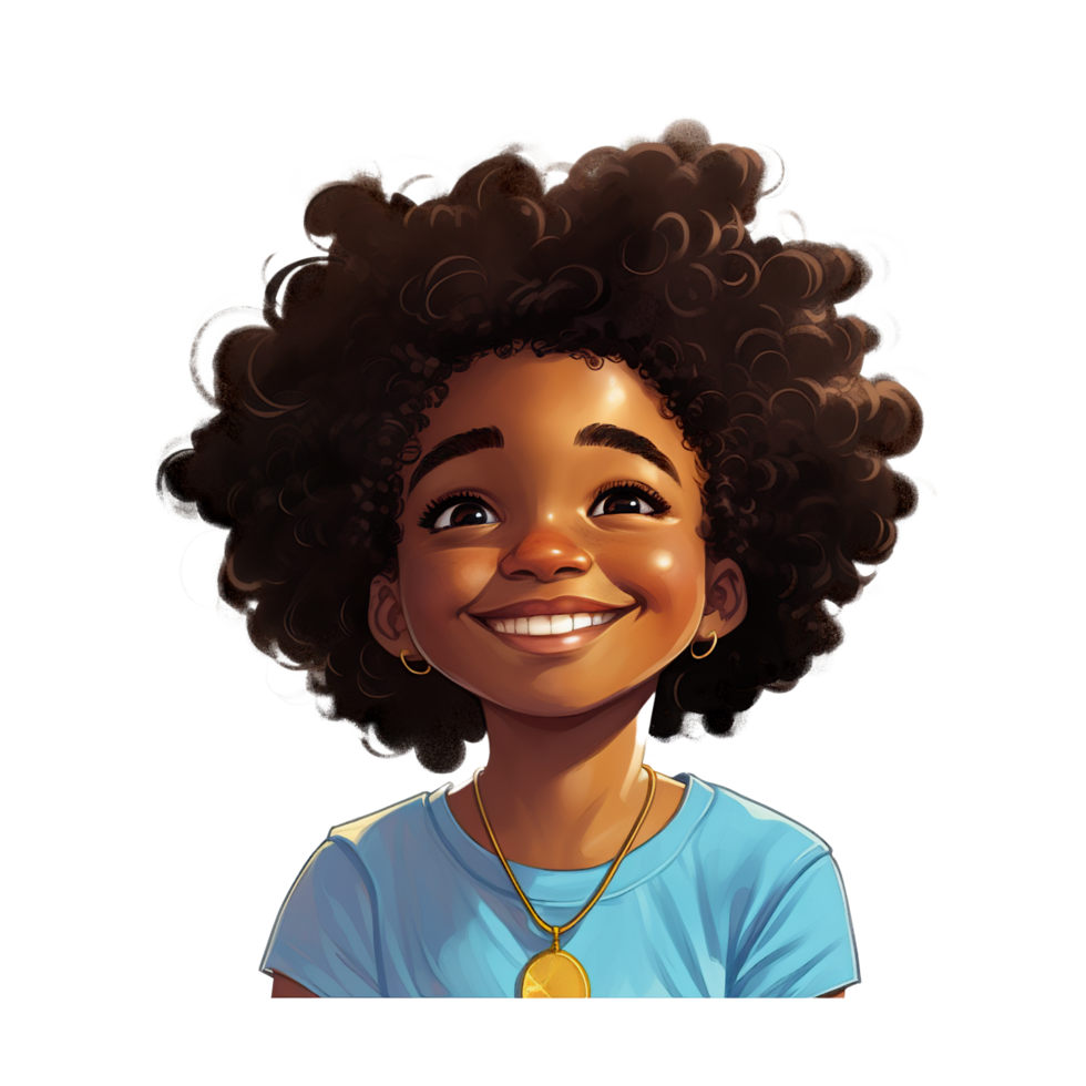 Foto, lächelnd afro schwarz Mädchen Karikatur, afro Frisur, Digital Illustration, transparent Hintergrund - - ai generativ png