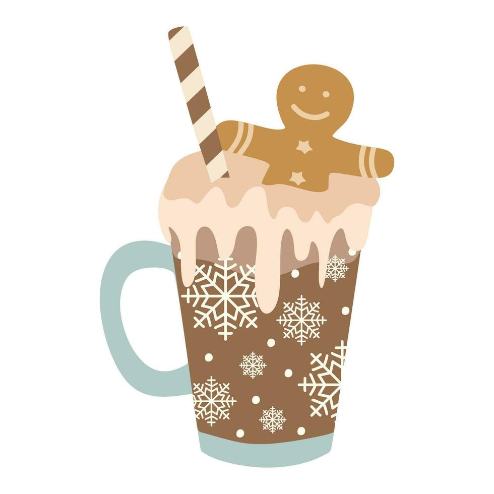 A cup of Hot chocolate with Whipped cream, Gingerbread man and straw. Flat style Mug of Christmas isolated on white. Seasonal banner, Template. Colorful vector illustration. Digital hand-drawn.