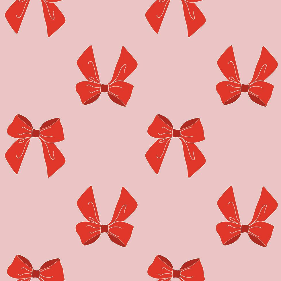 Red ribbons bows on a light Pink background seamless pattern. Pink collection. Template for Cotton Fabric for Sewing, Patchwork, Print Design Tissue, textile Cloth Fabrics. Vector Flat illustration.
