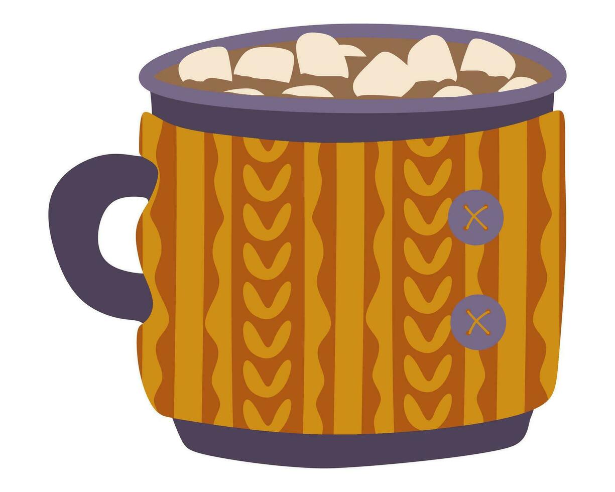 Cup of Hot chocolate or cocoa with Marshmellows, Knit decoration on mug. Template for cozy autumn or winter design. Isolated vector flat cartoon illustration. Christmas holiday decor.