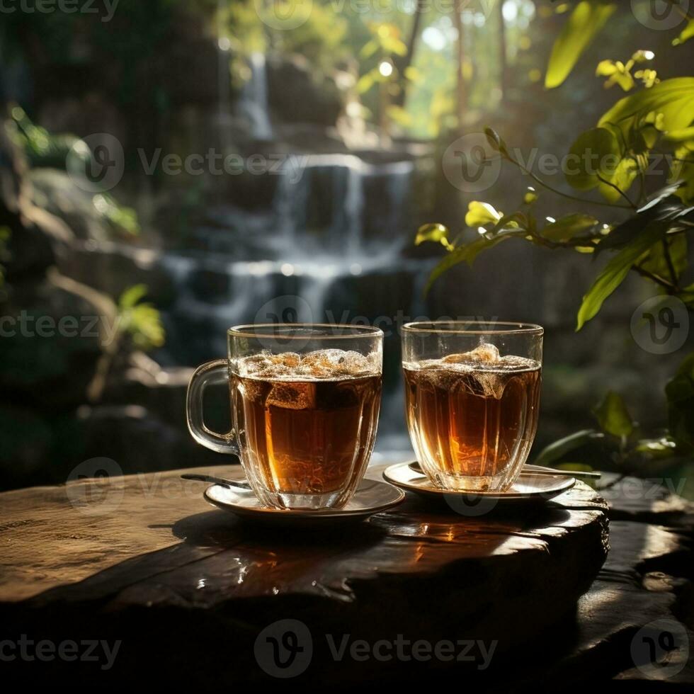 Several cups of tea and coffee on table enjoying warm drink with waterfall background, great for self healing, mood, relax, social media, business, company. image of generative Ai photo