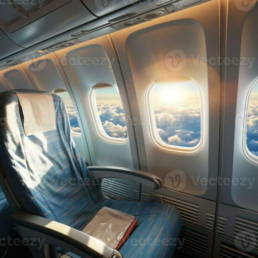 Commercial airplane flight transport with passenger seat interior with empty seat object, cloudy sky view from inside window. Image of generative Ai photo