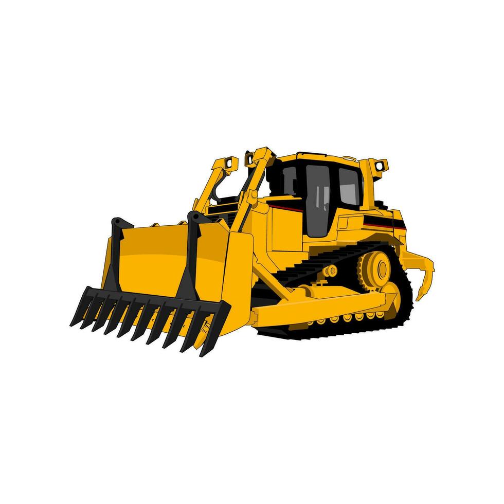 Bulldozer vector illustration isolated on white background. Icon of heavy equipment for the construction business. Graphic of yellow bulldozer for the logo and print. Dozer with root rake vector art