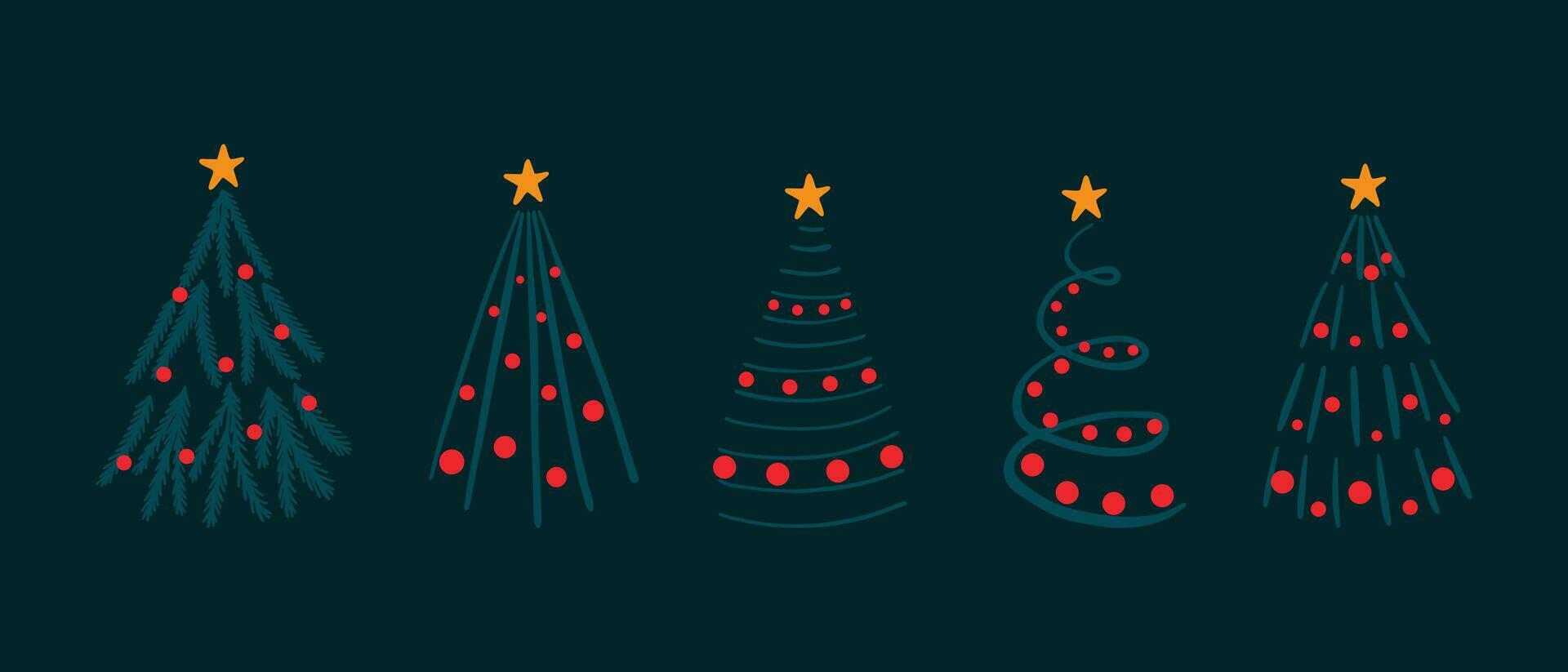 Set of hand drawn Christmas trees. Design for a holiday banner or greeting card for Christmas and New Year. Illustration in doodle style. Vector illustration
