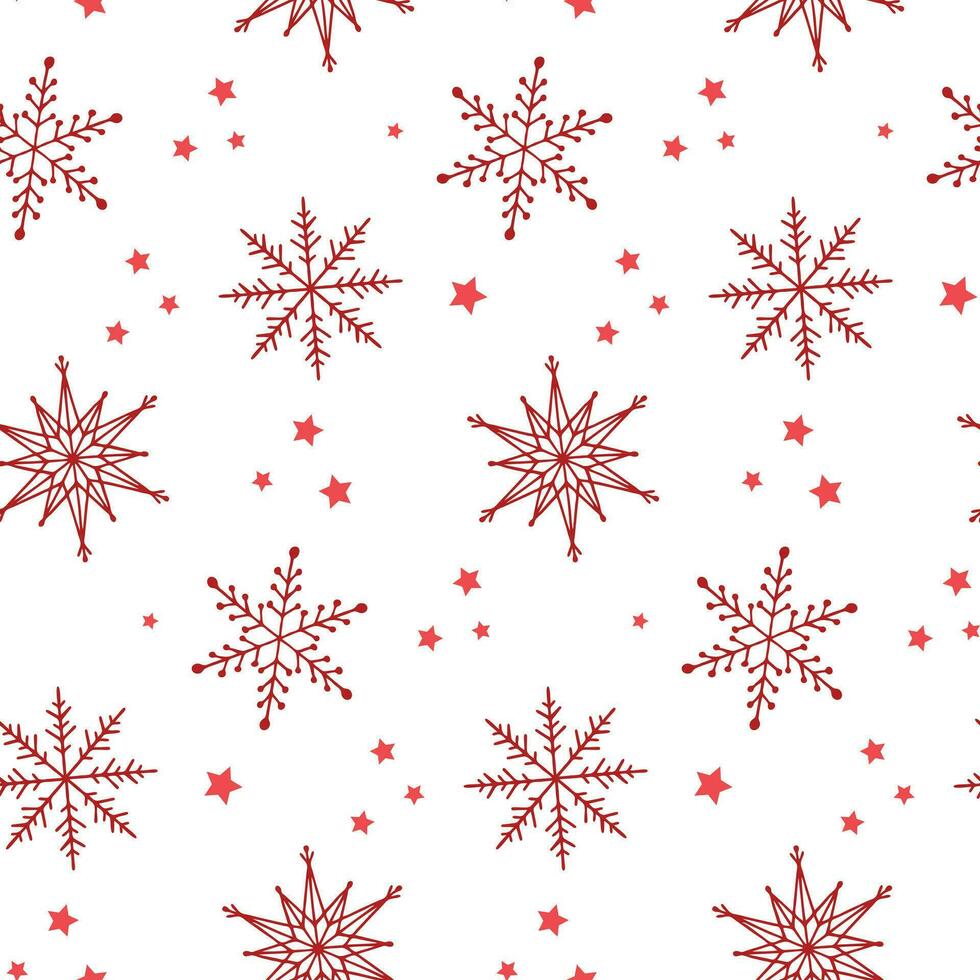 Winter seamless pattern. Red doodle snowflakes and stars on white background. Pattern for textile, fabric, card, wrapping paper, invitation, wallpaper, etc. Vector illustration