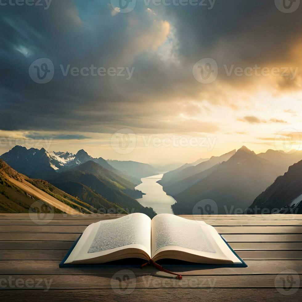Quran Islamic religious book adjacent to the background of a mosque and beautiful views, great for blogs, websites, business, etc. Generative Ai Image photo