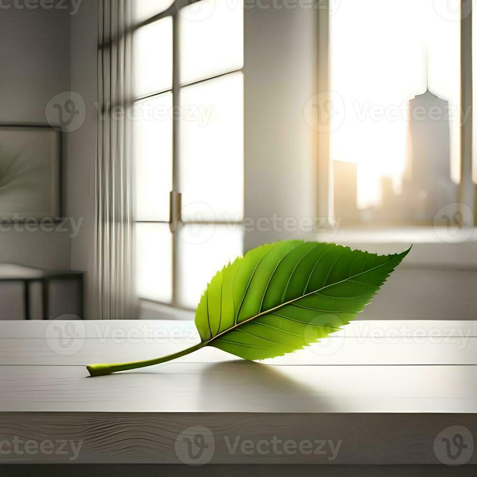 Green leaves with a white background on the table are neatly arranged in the reflection of white light, good for use as backgrounds, blogs, websites, companies, etc. Generative Ai Image photo