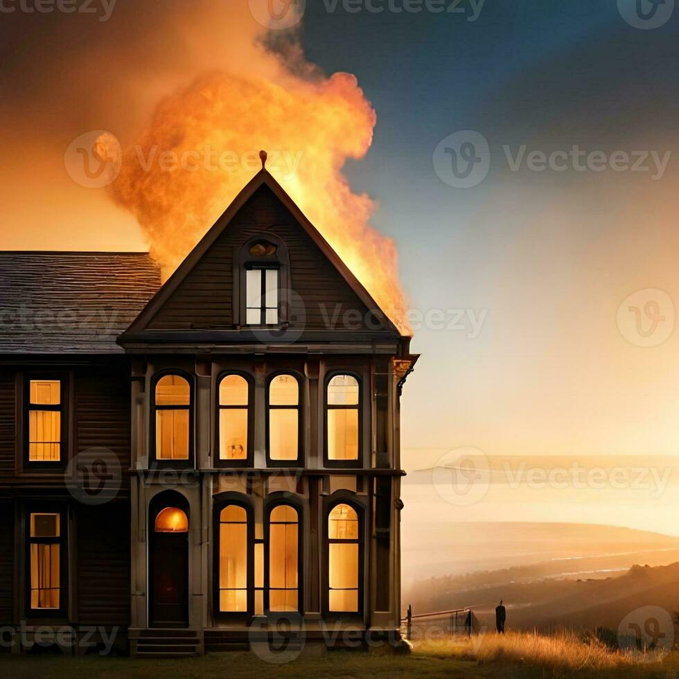 Object of smoldering fire and smoke burning one of the houses, great to use for business, company, news, social media, template, wallpaper etc. The concept of generative Ai photo