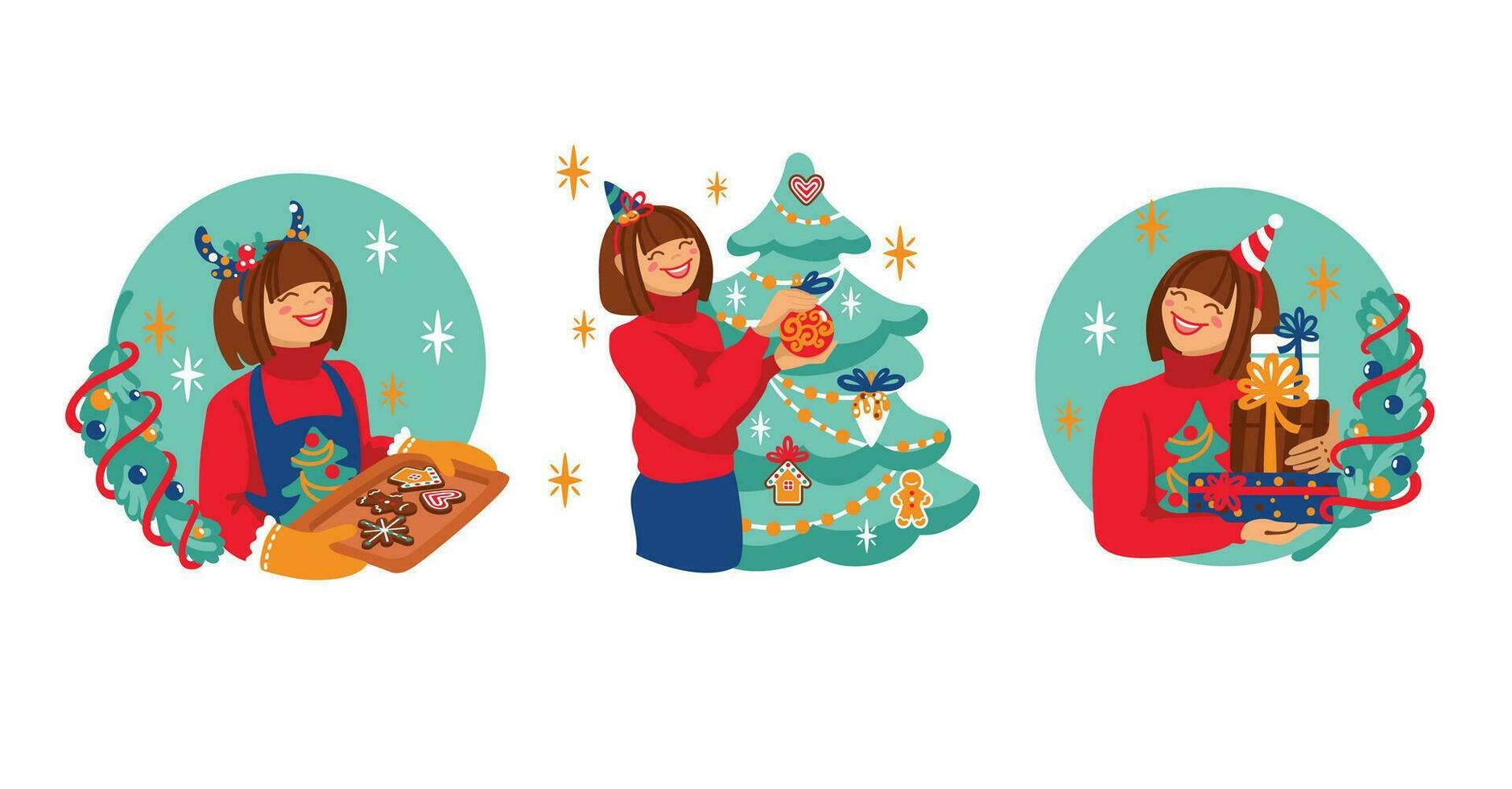 antes de las vacaciones preparativos. niña decora un Navidad árbol, prepara pan de jengibre galletas, y paquetes regalos. vector