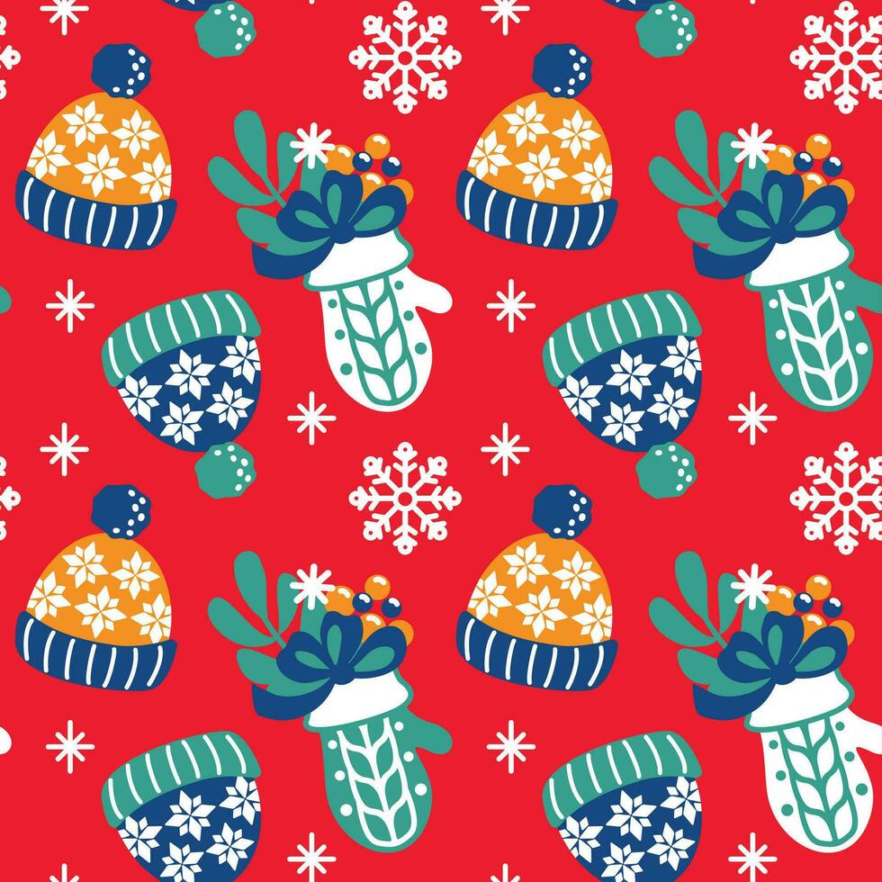 Winter knitted hats and mittens. Christmas print. Seamless pattern. Vector. vector