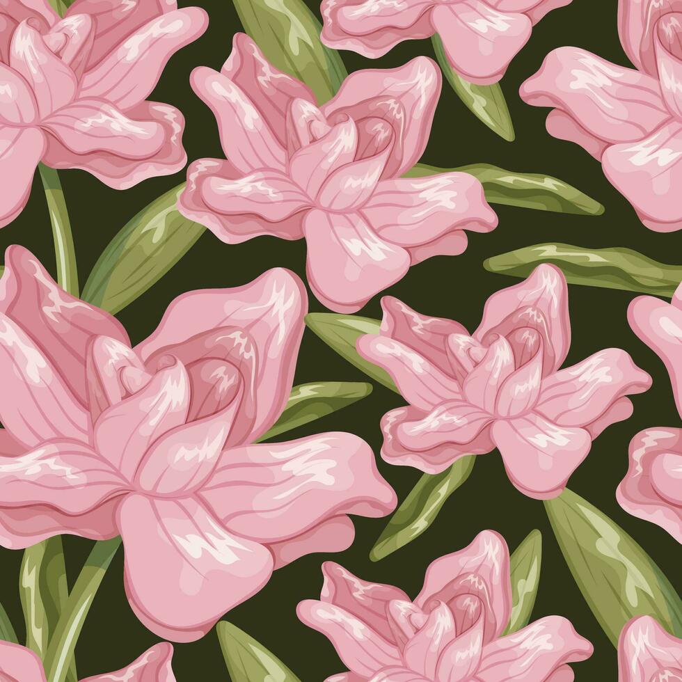 Cartoon beautiful blooming pink rose flower. Vector seamless floral pattern, Stem with leaves and bud with petals.